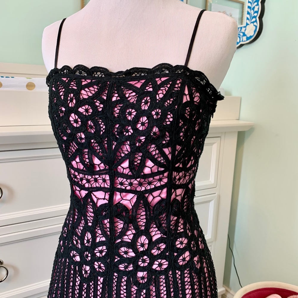 RARE Vintage Betsey Johnson NY Black Crochet Over Pink Spaghetti Strap Dress 4 - Picture 2 of 6